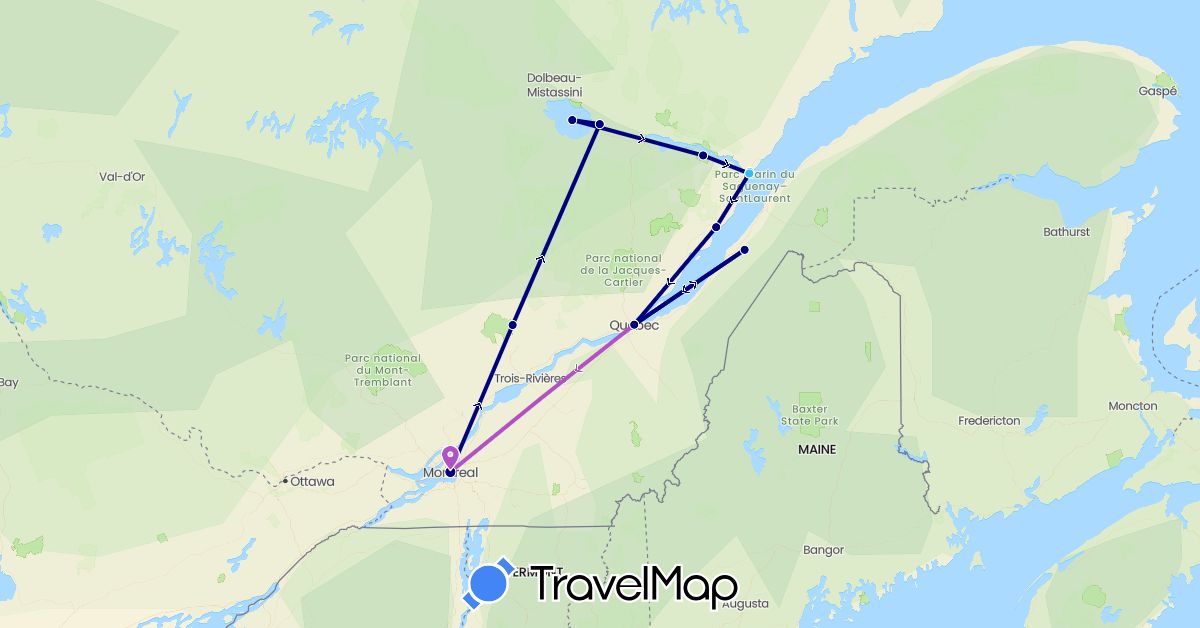 TravelMap itinerary: driving, train, boat in Canada (North America)